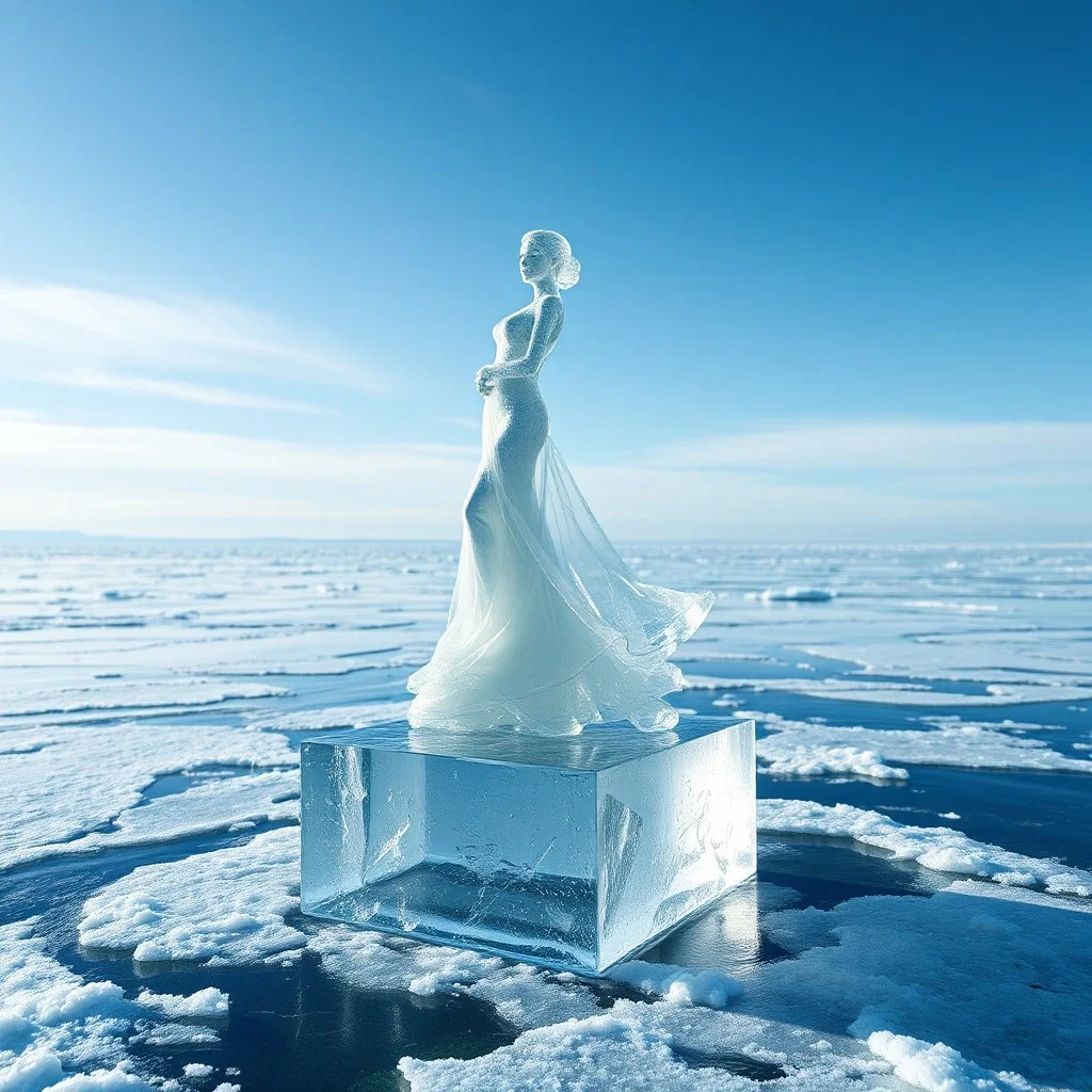 A cinematic miracle scene. An artistic ice sculpture of a woman wearing an elegant, flowing gown stands on an ice block in a frozen sea. The clear ice begins to melt