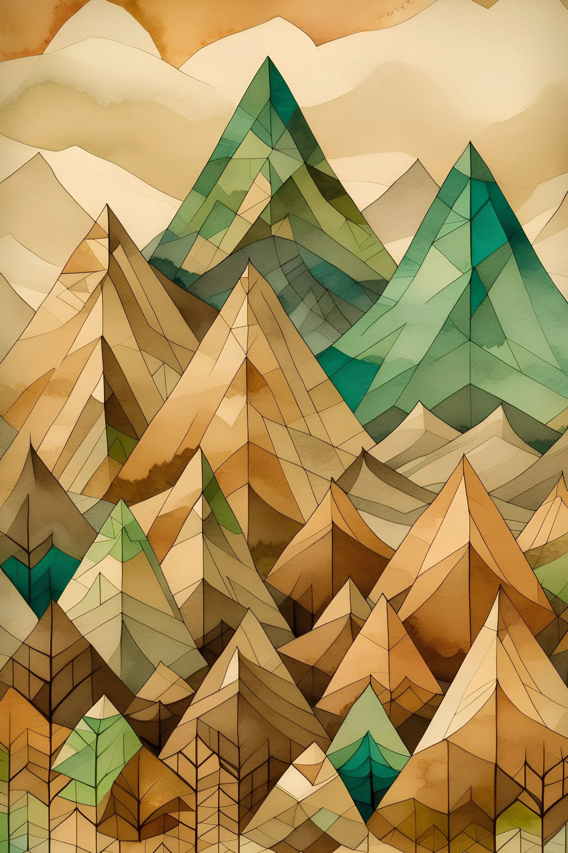 complex three dimensional mountain watercolour Paul Klee style old brown paper background