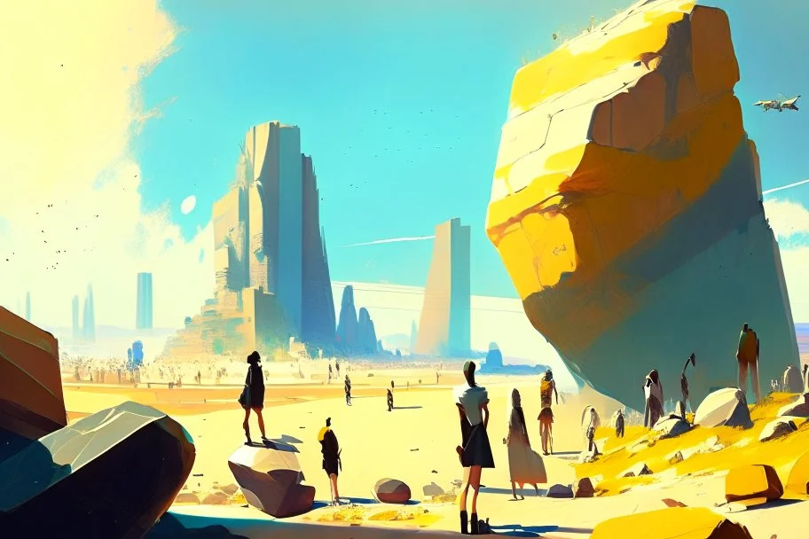 Sunny day, people, rocks, distant modern city