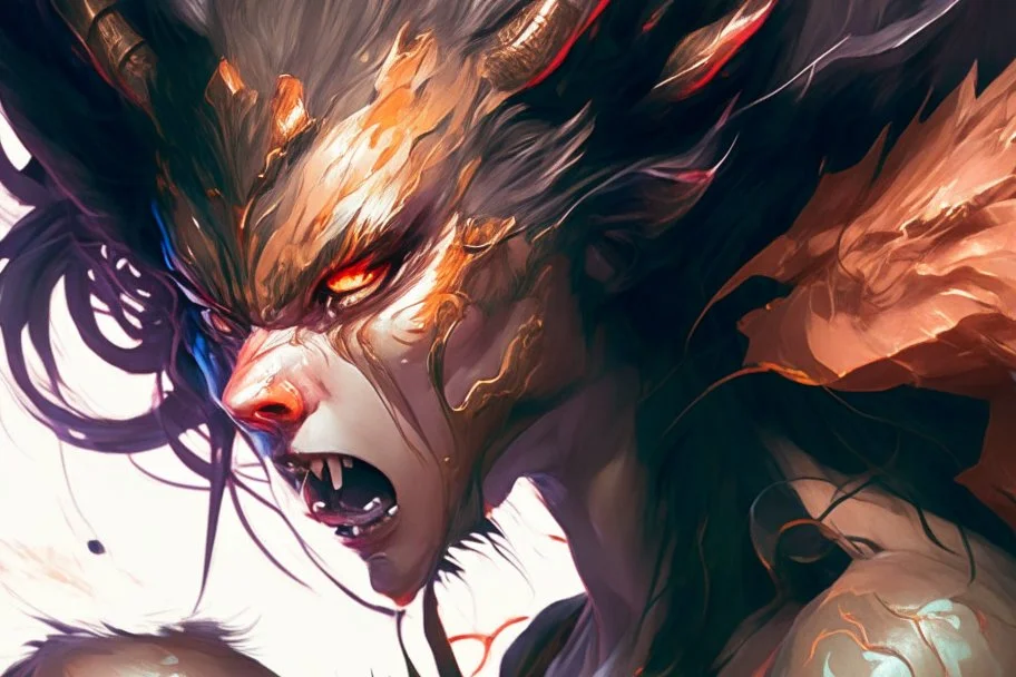 hyper-closeup Chimera beast character, in the style of Artgerm, Stanley Lau, energetic brushwork, elaborate details, semi-realism, dynamic compositions, anime-inspired, powerful, layered textures, graphic novel aesthetic