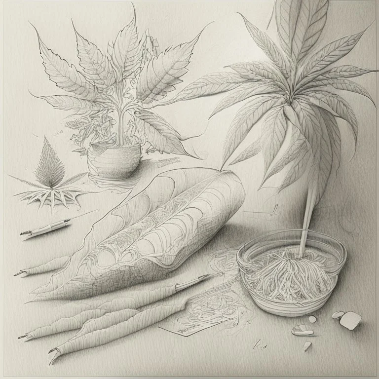 Design a composite that potrays pleasure and relaxation derived from indulging in hash and weed, using elements like soft textures, hazy, and gentle curves to evoke a sense of tranquility and bliss. pencil sketch without rendering, shading and filling