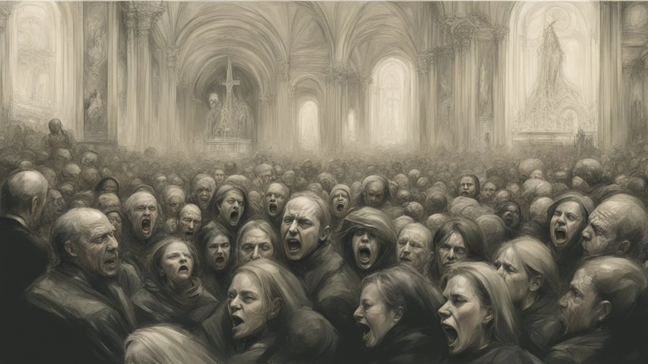 screaming crowd in a small Russian church,, anger, disorder, post-apocalypse, thick black pencil, Raymond Swanland & Alyssa Monks & Anna Razumovskaya