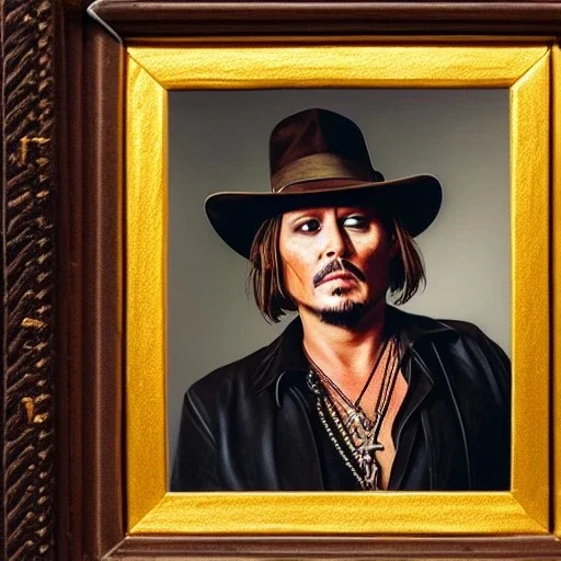 portrait of johnny depp as indiana jones with a golden cross in hand, in studio