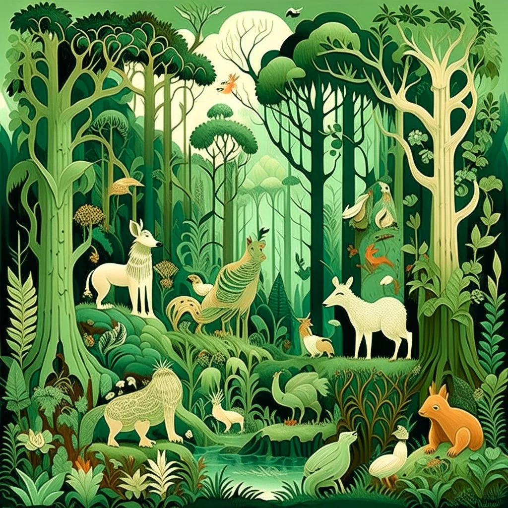 A mint colored animal kingdom in a forest painted by Edward Hicks