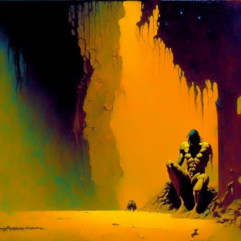 by Frank Frazetta and Dan Mahurin, claustrophobic fear of being alone, sinister eulogies, warm colors, weirdcore, unsettling, asymmetric diagonal composition, sinister metaphorical abstractions, pointillism oil painting