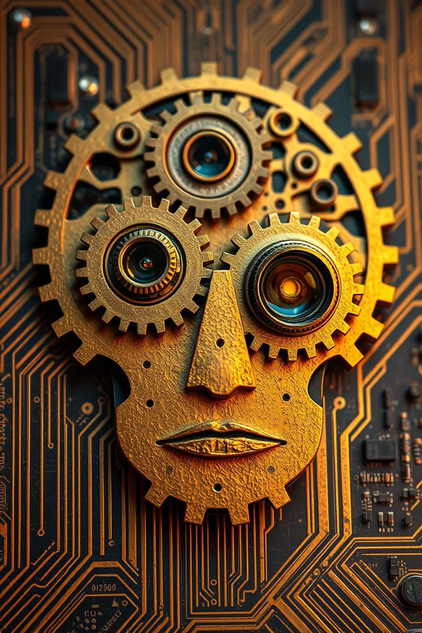A mechanical click gears in the shape of humane Al Face with golden texture reflecting a dim light Dali style , Busch painting style with computer motherboard filled with chips and electronic components in the background .with to cameras lenses as Eyes