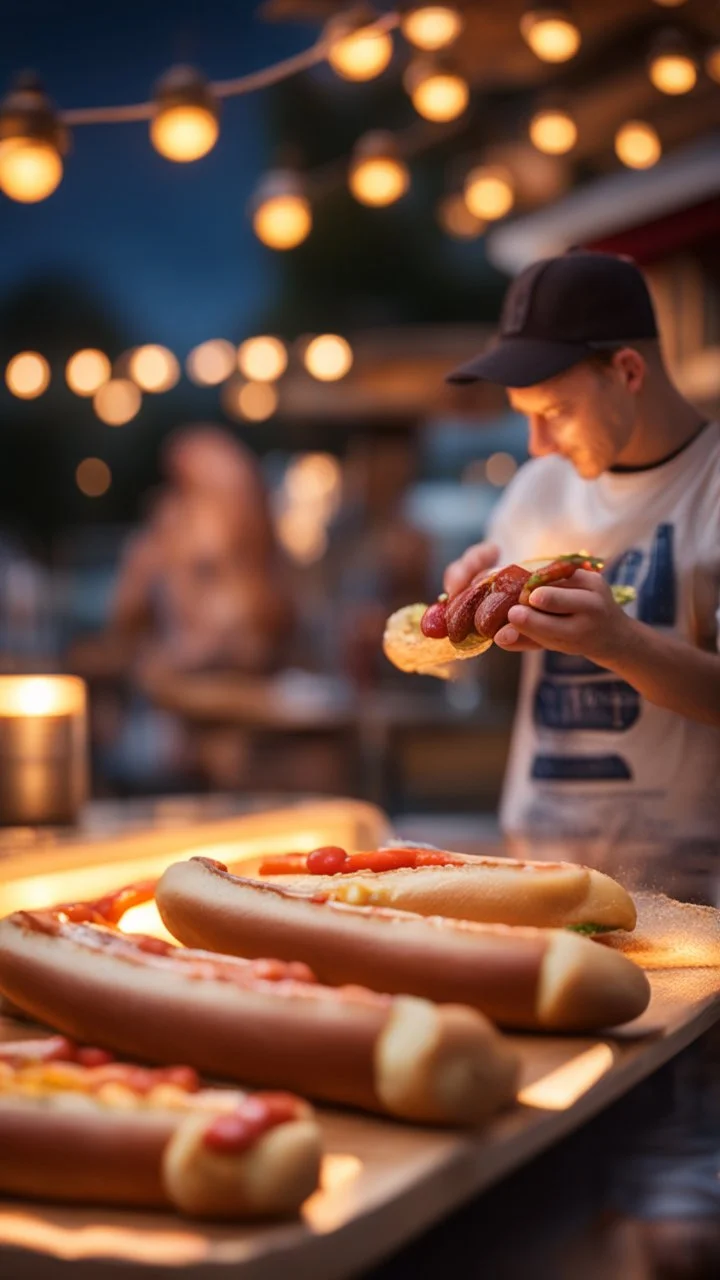 "Lonnie Bigalow" rolling a really warm hot dog on a nice summers evening with patio lanterns, bokeh like f/0.8, tilt-shift lens 8k, high detail, smooth render, down-light, unreal engine, prize winning