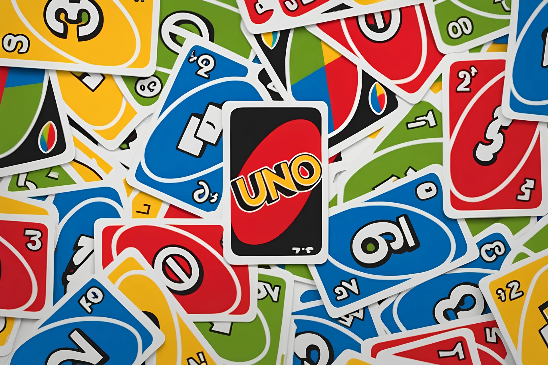 Create a vibrant and engaging image for Uno cards themed slides. Include iconic Uno card elements such as colorful numbers (0-9) and action cards (Skip, Reverse, Draw Two, Wild) of colors blue, green, yellow and red. Use a balanced composition and vibrant color palette to make the image visually appealing for presentation slides.