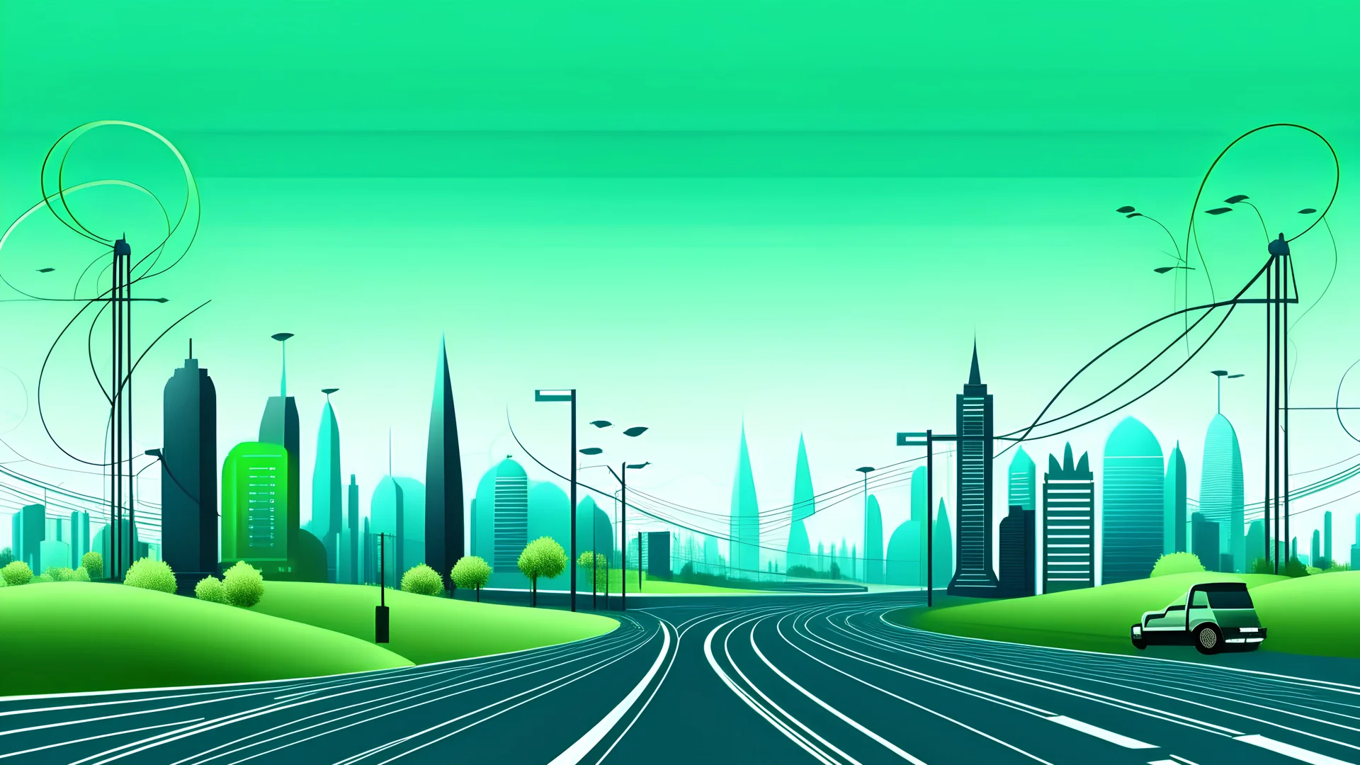 city landscape, minimalistic, road, green city concept, electric cars,