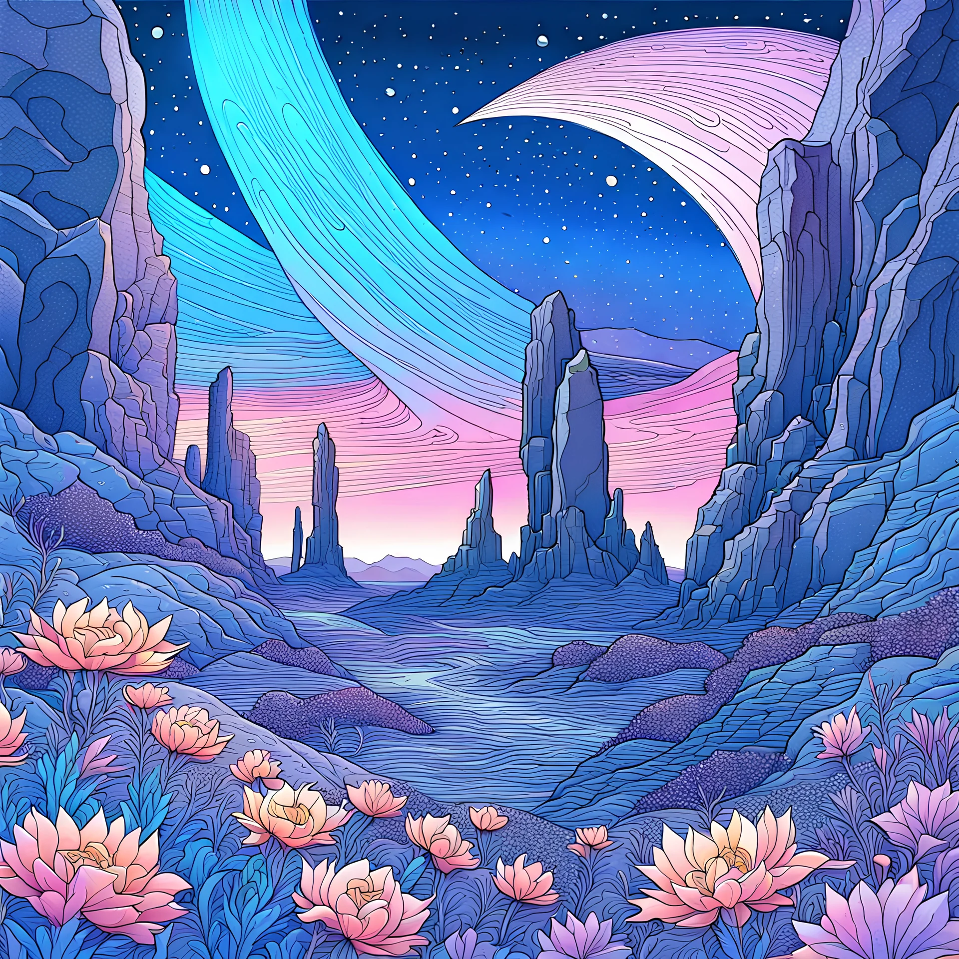 Colourful, scifi, night sky filled with galaxies and stars, rock formations with fo, flowers, one-line drawing, sharp focus, 8k, deep 3d field, intricate, ornate