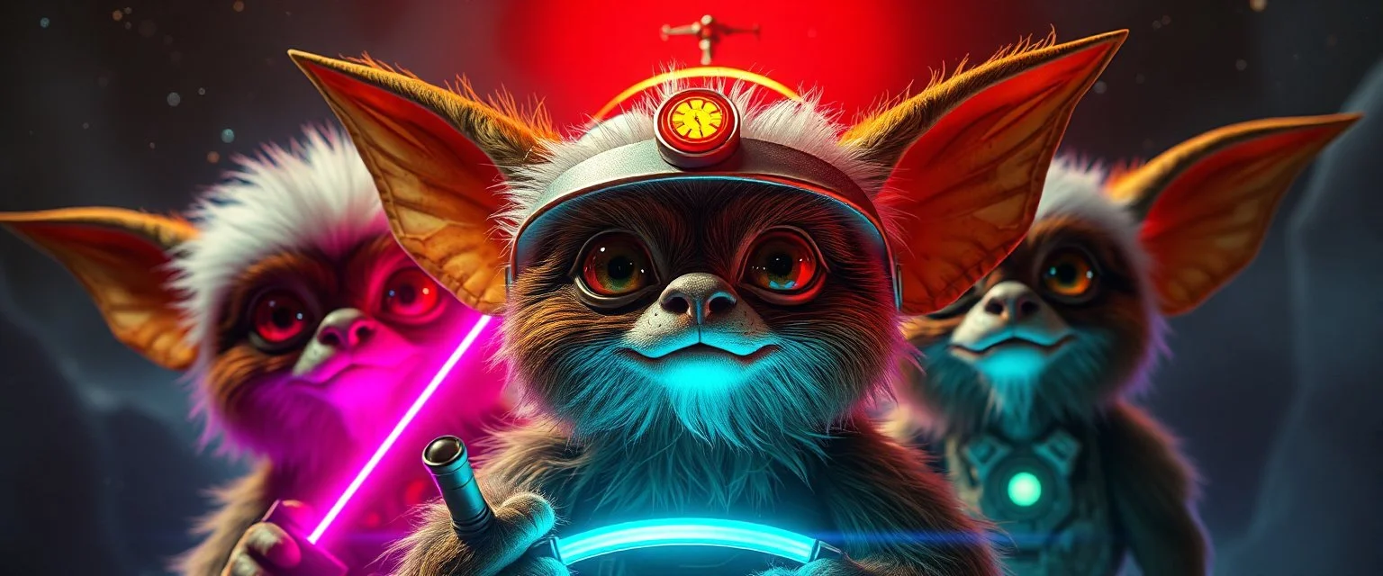volume fog light, hyper real close up on fluffy faces of rock cute charming uplifting energetic blessed alien cricket coyote priest gremlin fashion general with hi tech transcendent lazer plasma blaster arsenal from hell, guarding bridge up to space saucer neon plastic transparent, movie poster