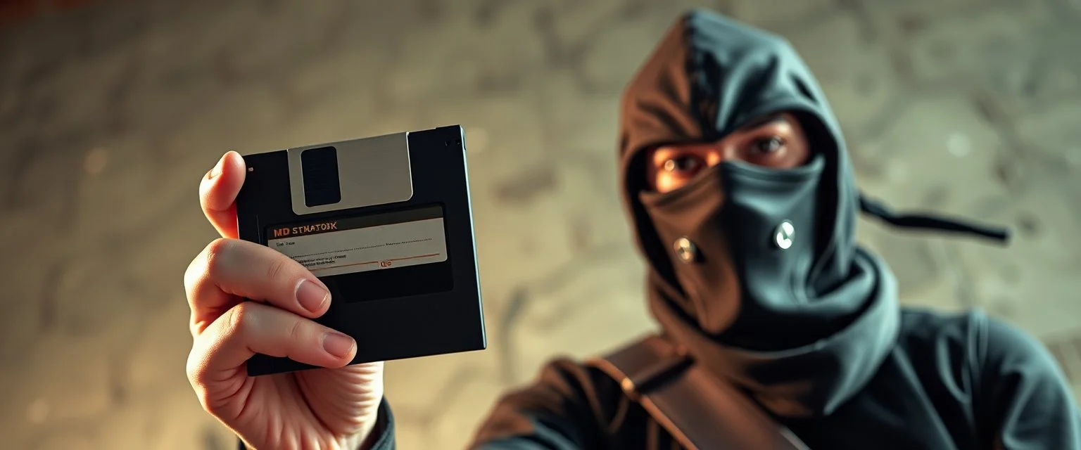 close up on guard holding up a diskette in front of a professional ninja thief climbing a wall during lightening,