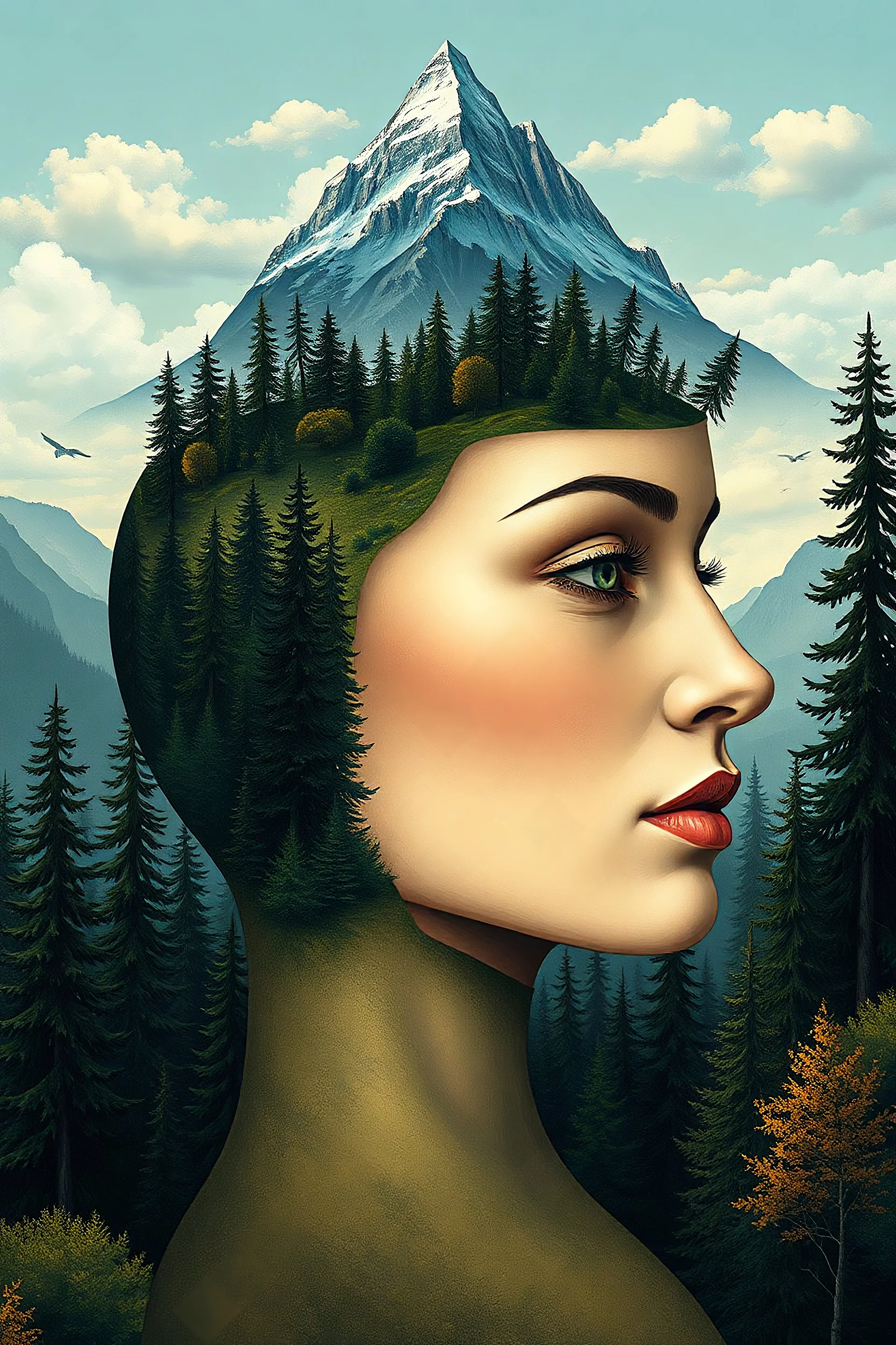 Illustration depicts a profound hyper realistis concept of surrealism. Like the original, A woman reflected in the appearance of her face. The right side of her face appears calm and serene, adorned with shows an intense and emotional expression, with part of her head open, revealing a surreal, beautiful forest.The top of her head is also open,displaying a fantastical landscape of majestic mountain