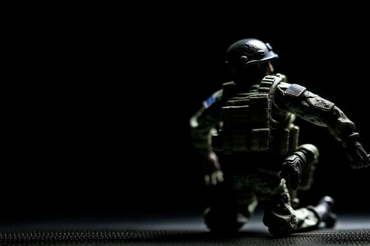 toy soldier military operation apocolypse looking away from camera to right corner black floor black blackground