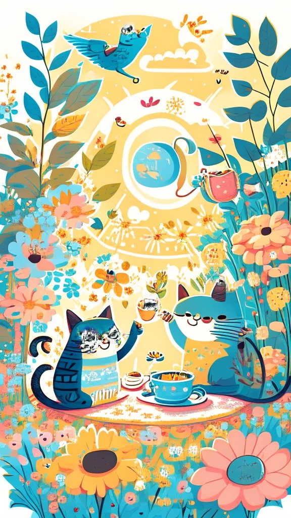 Children book style Boho cat in flowers garden having tea with funny bird in sunlight seamless