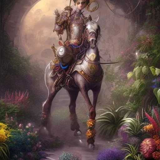 steampunk only one horse, tropical plants and flowers, in style of Eric Fan , Asaf Hanuka