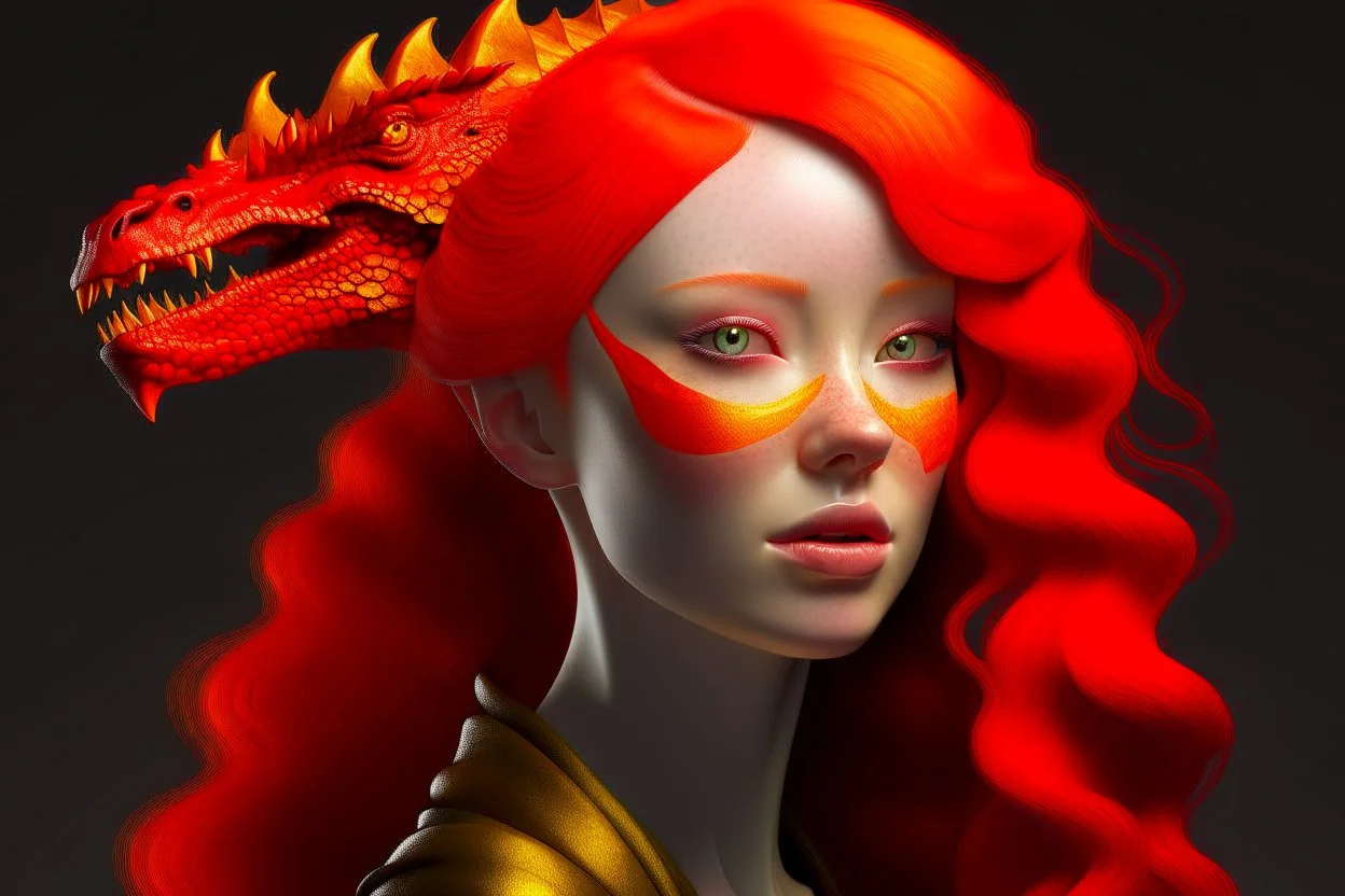 a redheaded woman with dragon features