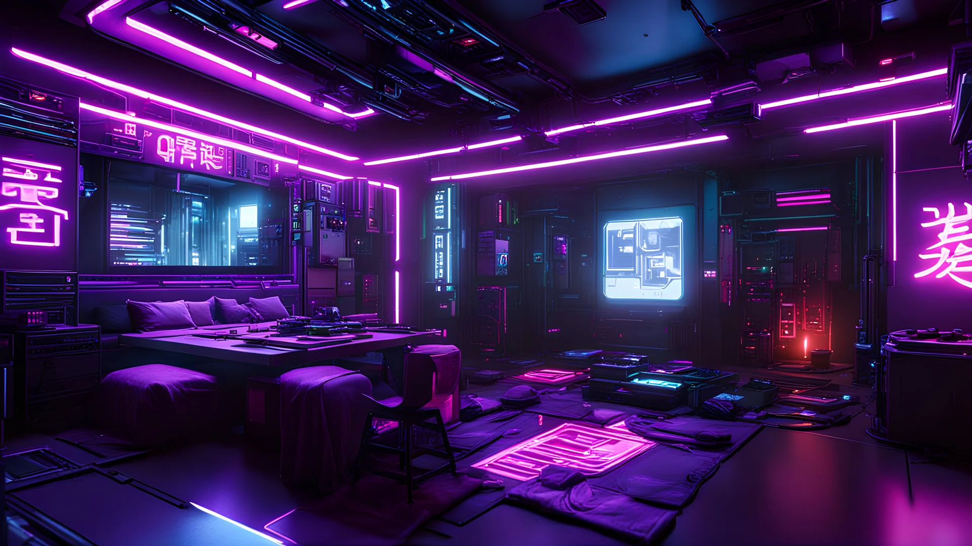 Cyberpunk apartment. Detailed. Rendered in Unity. Japanese elements. Purple lighting. Holograms. Environment art.