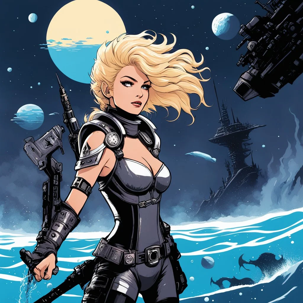 [illustration for wii No More Heroes style with thick lines] Barbarella, the fearless space adventurer, found herself on a water world unlike any she had encountered before. The world was a chaotic blend of Mad Max-style desolation and underwater wonders. As she descended into the depths of the ocean, she marveled at the eerie beauty surrounding her. The twisted remnants of a once-great civilization lay scattered on the ocean floor, a stark reminder of the world's turbulent past.