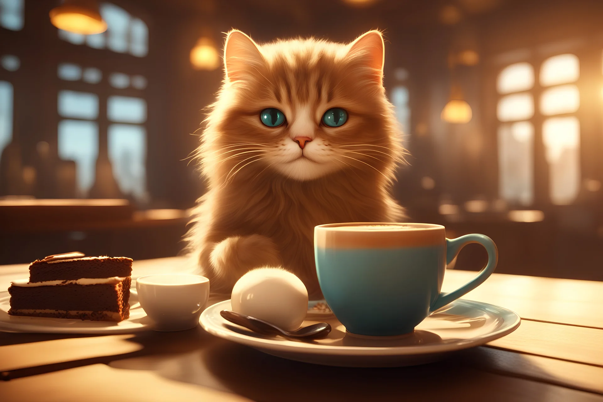 cute fluffy cat in a coffeehouse in sunshine steaming coffee in china cup, a slice of chocolate cake on a china plate Weight:1 detailed matte painting, deep color, fantastical, intricate detail, splash screen, complementary colors, fantasy concept art, 8k resolution trending on Artstation Unreal Engine 5 Weight:0.9