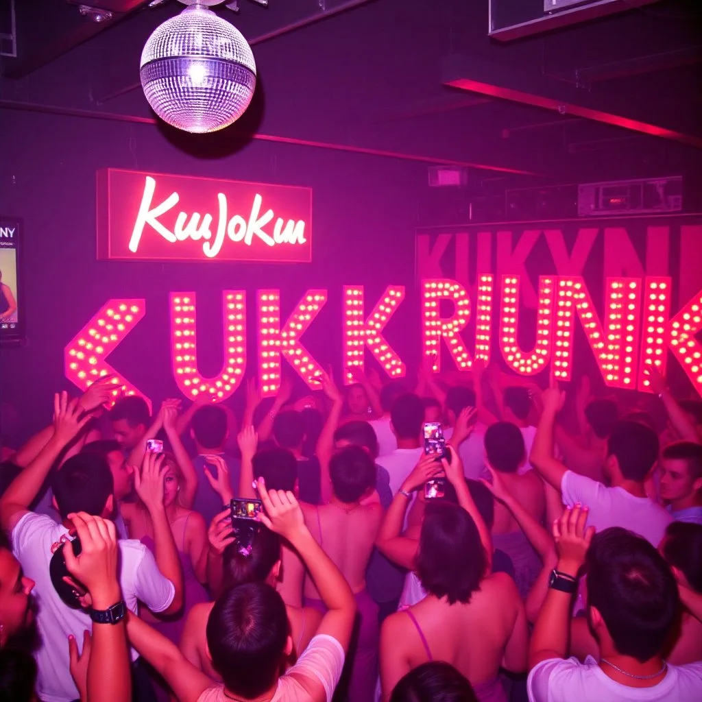 MR Kukrunk MC is Benny, and "DJ Roy" in a disco, dancing, "Kukrunk" on sign wall, disco light, strobe, disco ball, 1000 dancing people
