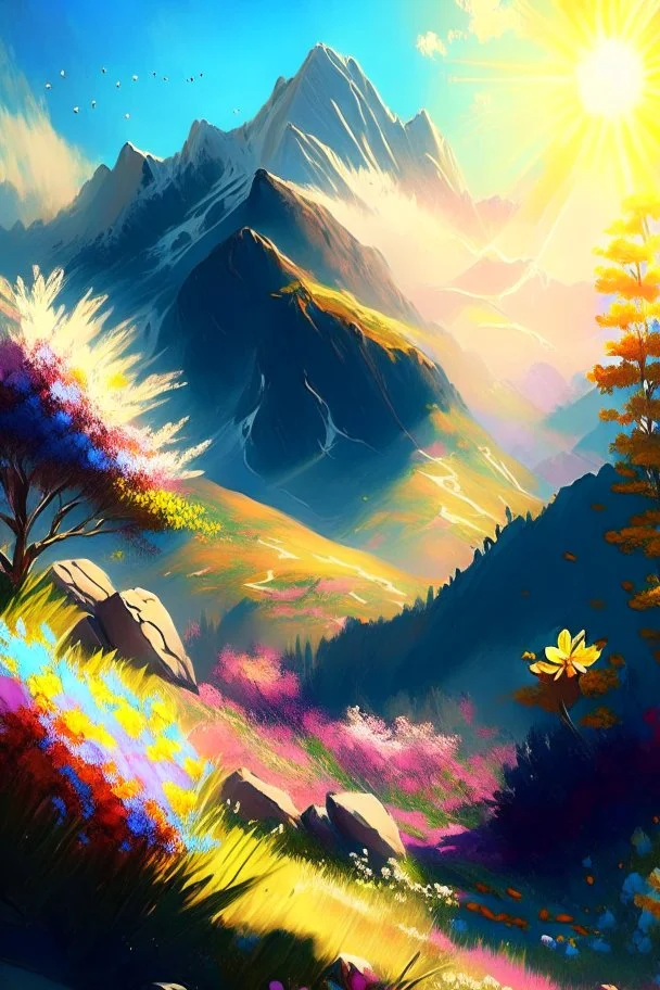 full light,highlight, trees, hill, day, sun day, an idyliic mountains with bright colorful flowers, mountains, sun,flower, paradise, realistic art, brush, pencil, detailed