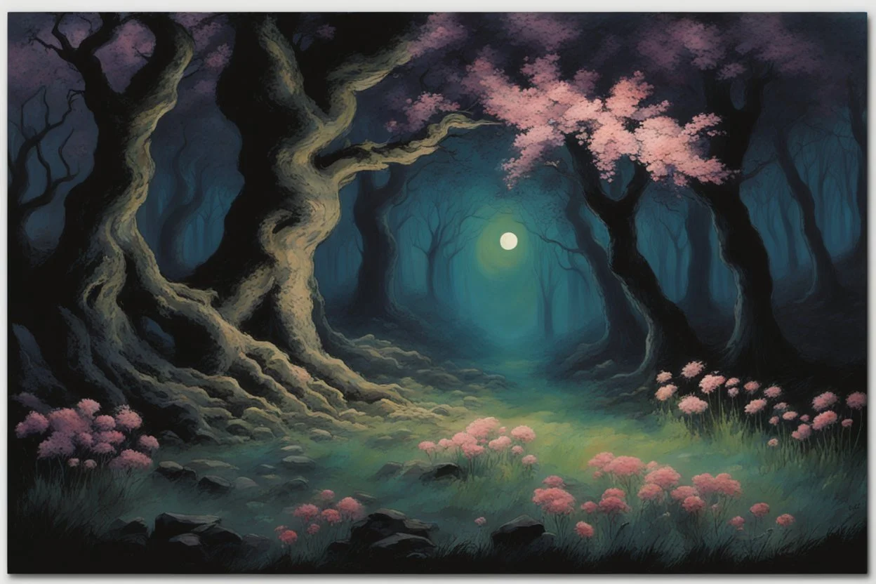 Night, trees, flowers, japanese manga style, horror gothic fantasy spring, rocks, friedrich eckenfelder impressionism paintings