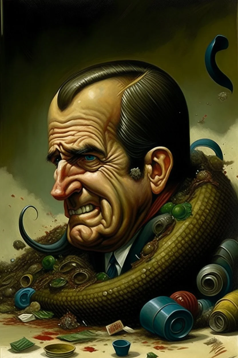 PresidentRichard M. Nixon painted as worm crawling through garbage eating insects blood and guts