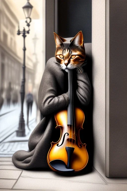 One single mature homeless cat sleeping in a corner on the street, violin case, Vienna, mourning, model style, hyper realistic, extremely accurate, delicate, extremely detailed, Graphic novel style, wide-angle, open aperture, superfine pencil