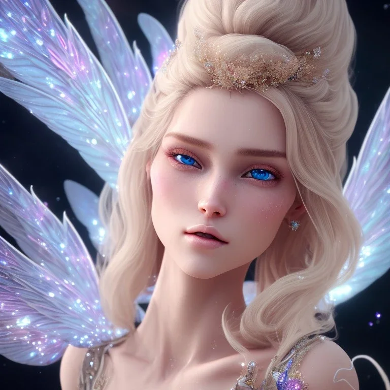 beautiful blonde fairy in a galactic ambiance, transparent wings, delicate colors, finely tuned detail, ultra high definition, 8 k, unreal engine 5, ultra sharp focus