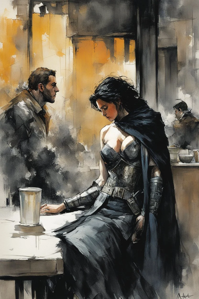 Alex Maleev, unused cover illustration, 2005: In a bustling café, the Wounded Gallic Warrior and the woman resembling the Sleeping Hermaphrodite find solace amidst the chaos of the modern world. His tattered armor and fur-lined cloak clash with the contemporary setting, drawing curious glances. Her flowing garments blend seamlessly with both ancient and modern realms. Their eyes meet, conveying determination and empathy. The warrior confesses his struggle with the unfamiliar surroundings, seekin