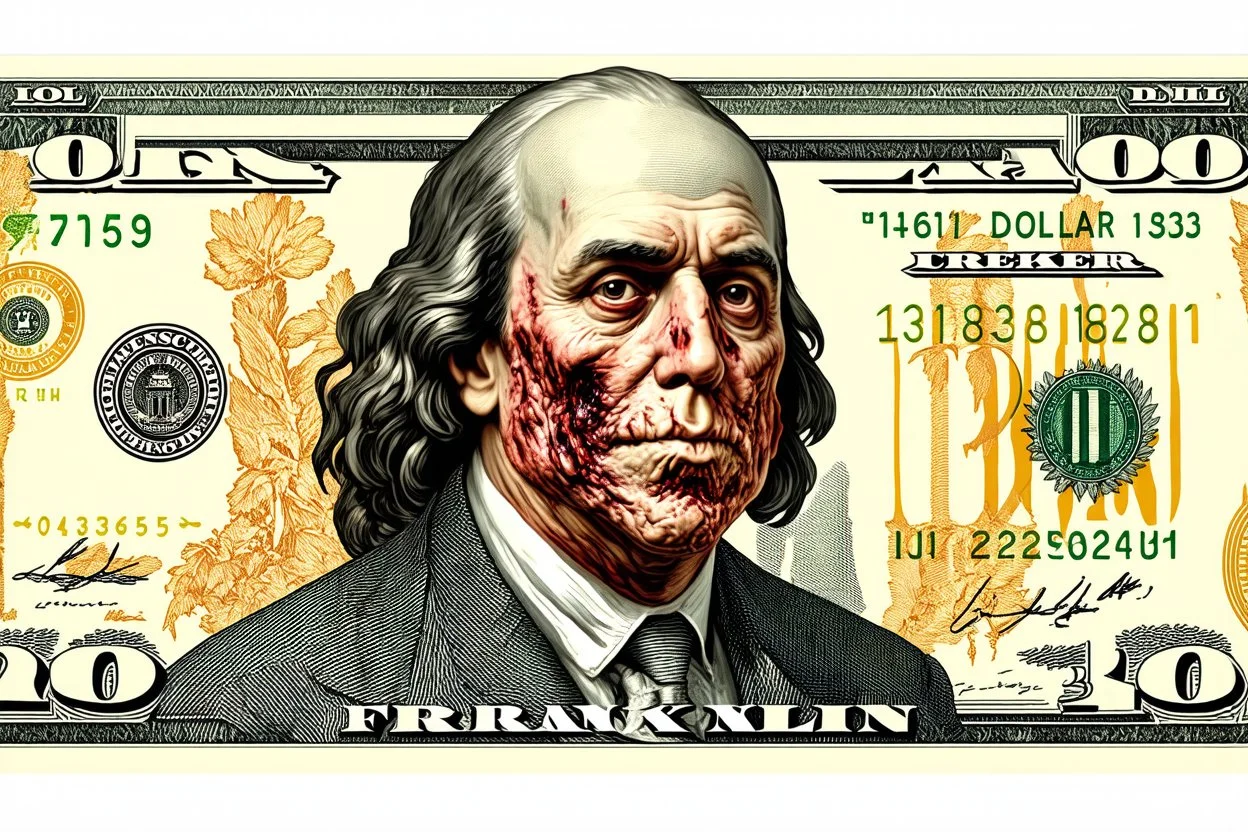 real looking twenty Dollar Bill with a rotting zombie portrait of Franklin on it, grainy photography, macabre