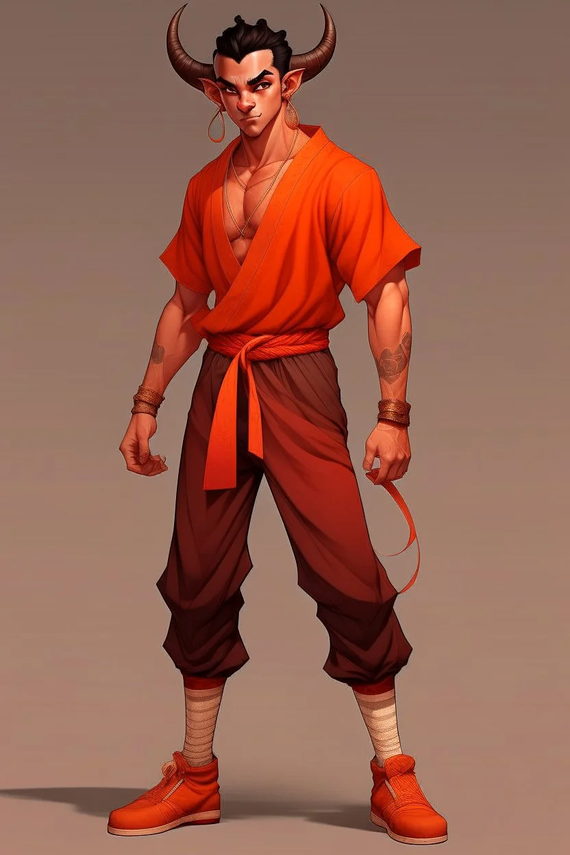 Full Body, Male Tiefling, monk, street outfit like Goku, boxer pose