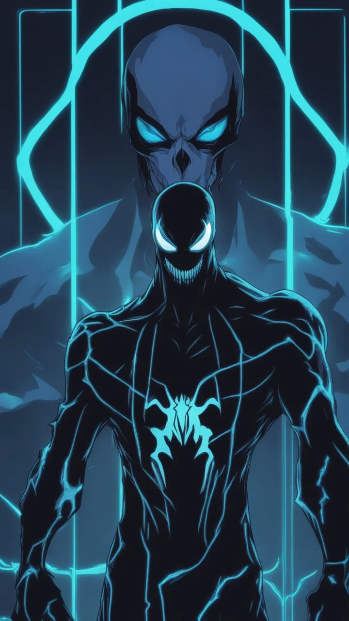 Mix between venom symbiote and Reaper in solo leveling shadow style with neon glowing blue