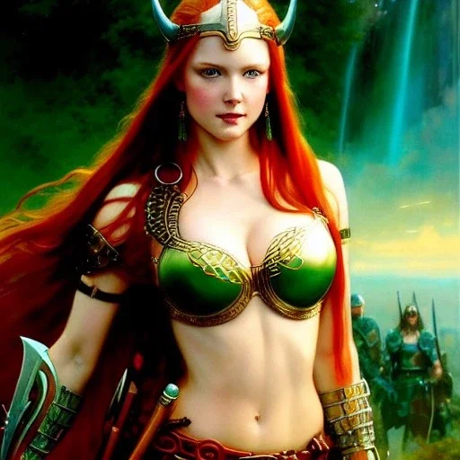 portrait 'beautiful Sexy Busty Redhead Sif',braided long hair,horned helmet, celtic tattoed,crystal clear green eyes,painting by gaston bussiere, greg rutkowski, yoji shinkawa, yoshitaka amano, tsutomu nihei, donato giancola, tim hildebrandt, oil on canvas, cinematic composition, extreme detail,fit full head inside picture,32k