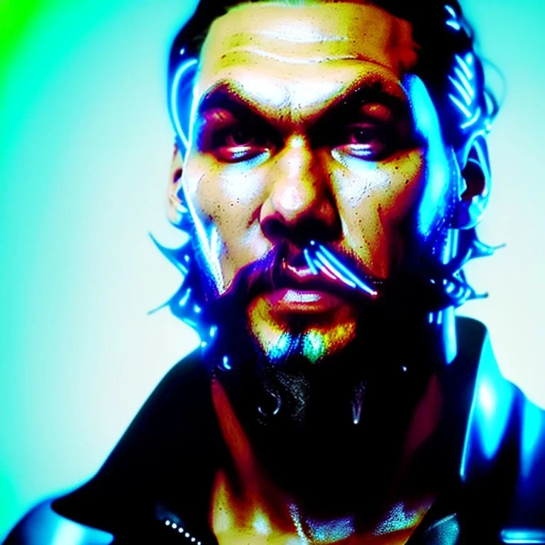 Actor, jason momoa, blade runner style, rain, fog, neon ambient, gradient color, clean skin, circuits, latex coat, cyber punk, neon, tubes, portrait, photo studio, unreal engine 5, smooth color, 16 bit, god lights, ray tracing, RTX, lumen lighting, ultra deatail, volumetric lighting, 3d, finely drawn, hd.