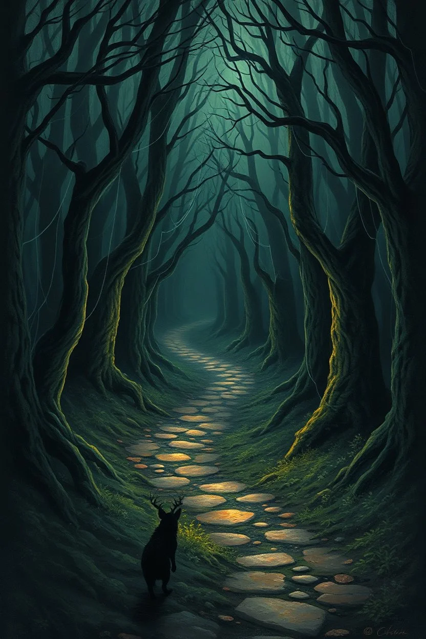 fantasy winding dark forest path with the path lit and animal in the darkness and cobwebs and little will o' wisps