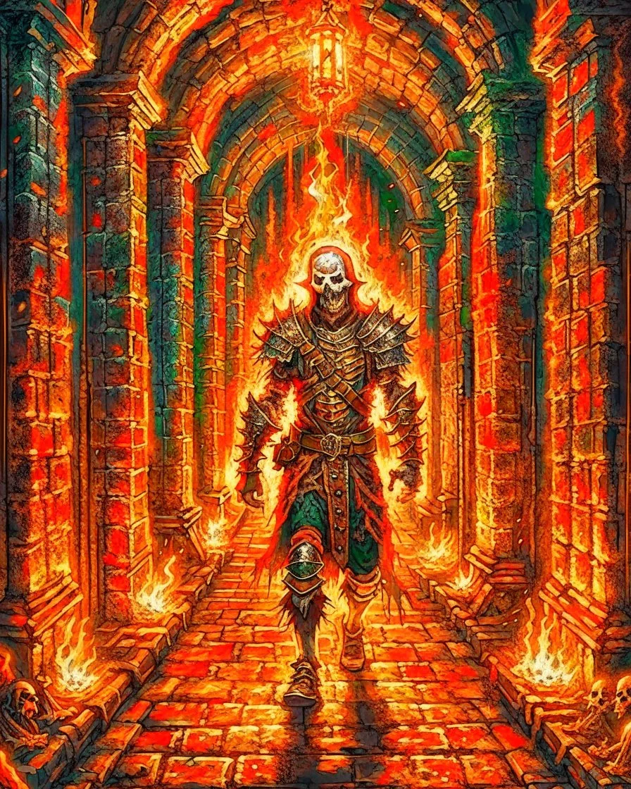 A frightening castle dungeon hallway with a skeleton warrior in rusty chainmail holding a burning torch painterly rpg art