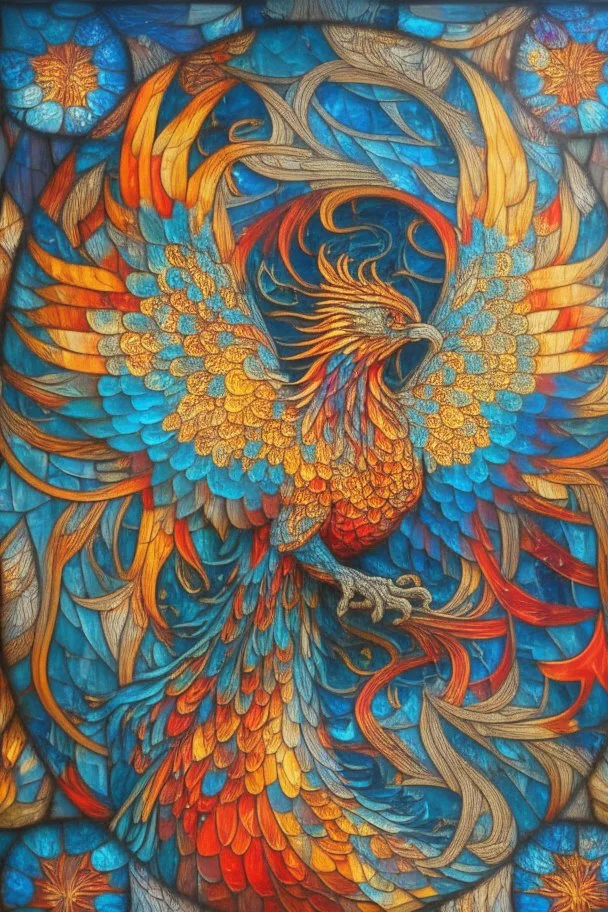 An intricate, stained-glass inspired mosaic depictingn a majestic phoenix, using vibrant hues of red, orange, and yellow ,blue andgreen to emphasize its fiery nature, surrounded by an elegant pattern of swirling flames and intricate glasswork.