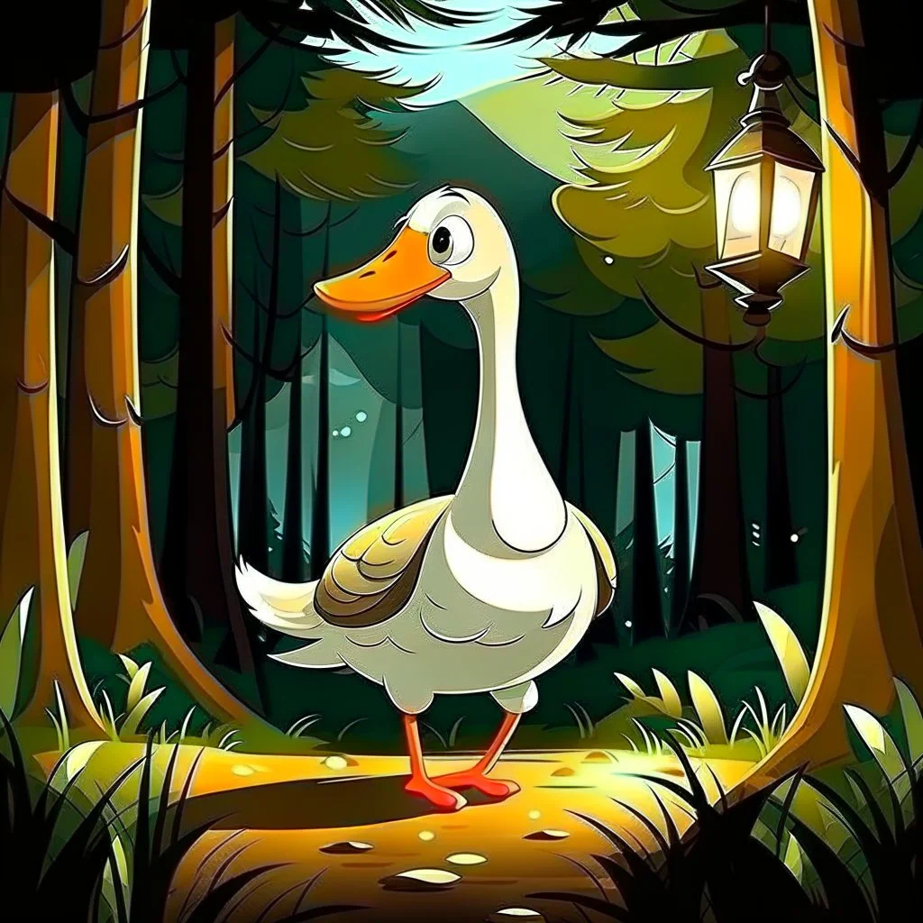 cartoon goose in forest with flashlight