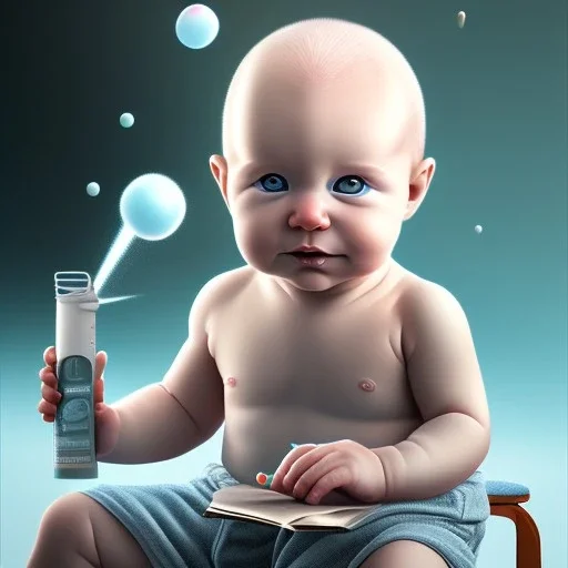 a human baby called tobias leander with no hair, drinking, sitting in chair, photo realistic spray painting, book cover