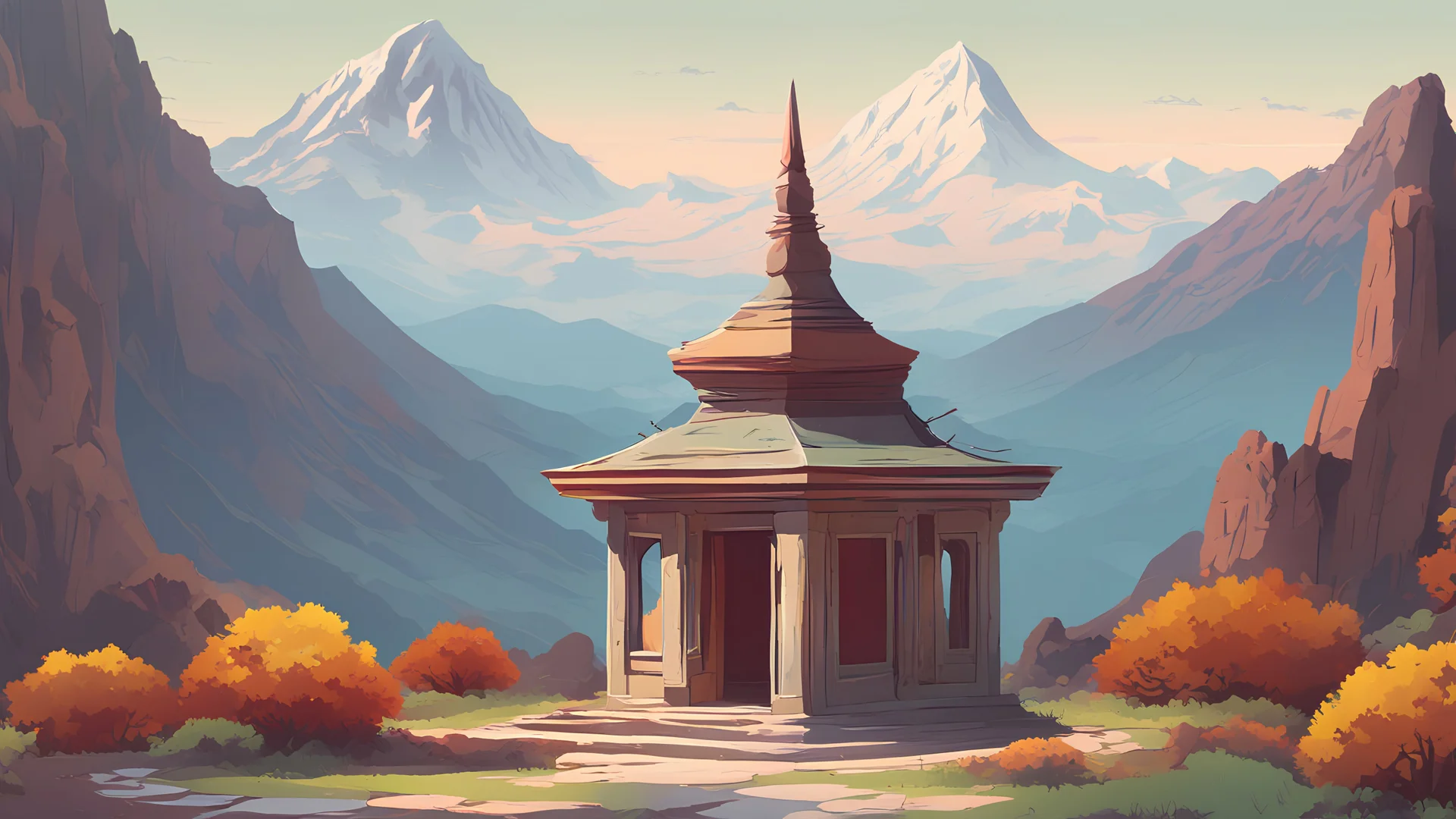 Vector. زیارتگاه کوچک. پرچم سبز. Little shrine. Iran. 2D animated. 1900 AD. Digital painting, inside. Minimal. Mountain. .شیخ. مکتب نقشبندی. Iran. ایران. کردستان. Naqshbandi. Monastery. Kurdistan. Stone house school. Students of jurisprudences. Old home school.