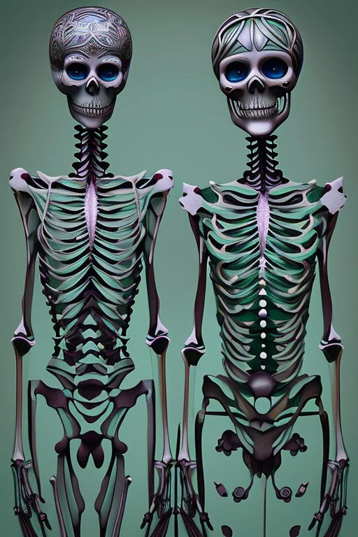 Surreal couple made of metal skeletons with flowering vines growing through; wearing blue gray green striped business suits with paisley shirts and ties; surreal, intricately detailed, beautiful, colorful, vibrant