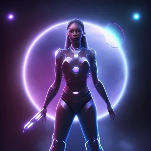 futurist | hyperphotorealistic | science fiction | metaverse | programming codes | black woman in an Asgardian environment travelling through the multiverse with a laptop with a baby girl in dark space