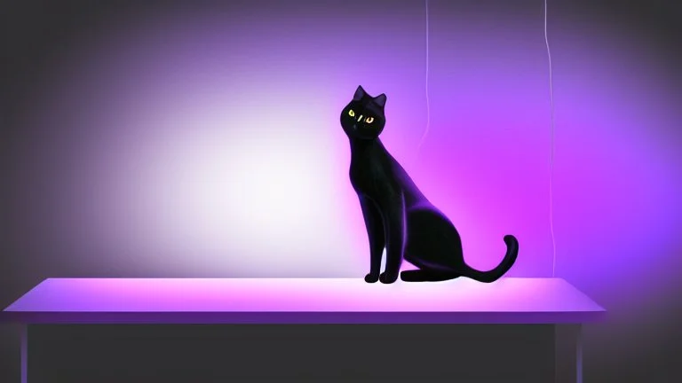 black cat sitting on an office chair, dark room with neon violet lights, realistic