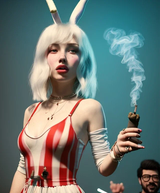 Ultra realistic photographic party portrait, sound club, wide-angle lens, couple, cinematic, happy blonde woman smoking a shisha pipe, accompanied by big white rabbit friend, hot, circus dress style, marihuana plants, color smoke, soft color, highly detailed, unreal engine 5, ray tracing, RTX, lumen lighting, ultra detail, volumetric lighting, high definition.