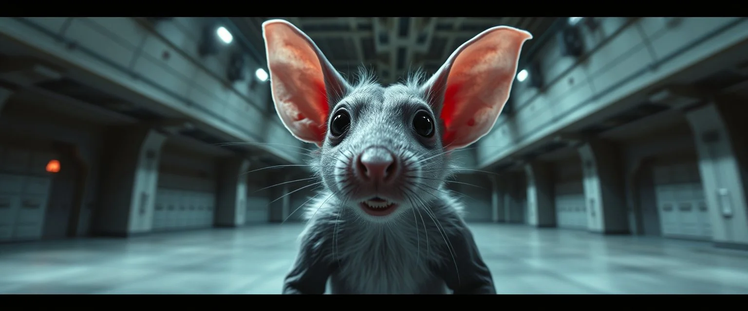 fluffy rat elf vampire scumbag in the cinema the style of Escher and Giger and Fallout 4, pinhole cam, airbrush 3d rendering, on tv screen:A five-second cinematic single take in a clean industrial presentation hall.