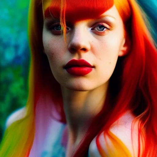 Photo of a gorgeous young Yulia Vólkova, beautiful face, multi-hued red hair; in the style of martine johanna, draped in flowing fabric,riding a horse, colorful energetic brush strokes, realistic, sharp focus, 8k high definition, insanely detailed, intricate, elegant, art by martine johanna and artgerm