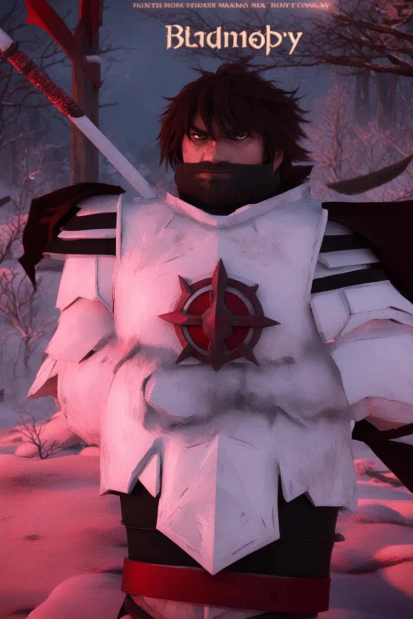 The character, depicted in a striking white armour against a wintry backdrop stands with his hands behind his back inside the scene, he has a red and black circular symbol on his chest like a shield, a black pointed spear with a red handle on his back, His eyes are showing a dynamic expression and he wears a black oni mask with white teeth covering the bottom part of his mouth he has brown shoulder pads and a white belt with a bag attached to it. He has dark brown hair, he does not wear a helmet