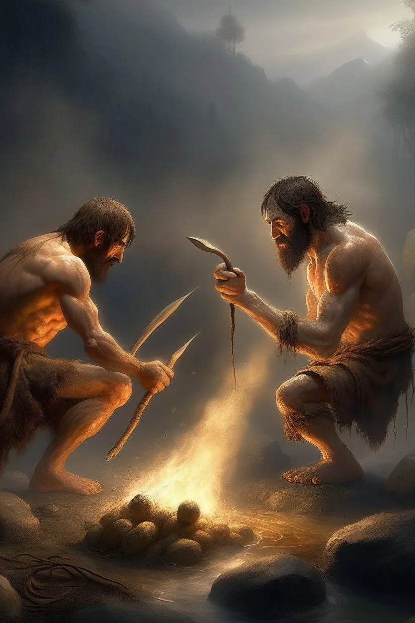 Create an image of two prehistoric human characters in an early Stone Age setting, surrounded by a dusky, misty environment suggestive of early morning. One character is bending over, inadvertently creating a stream of fire from their posterior, a humorous play on the discovery of fire. The other character, standing upright, is holding a primitive tool and laughing heartily at the scene. Both are wearing rough animal fur clothing. The scene is lighthearted, capturing a comedic moment between tw